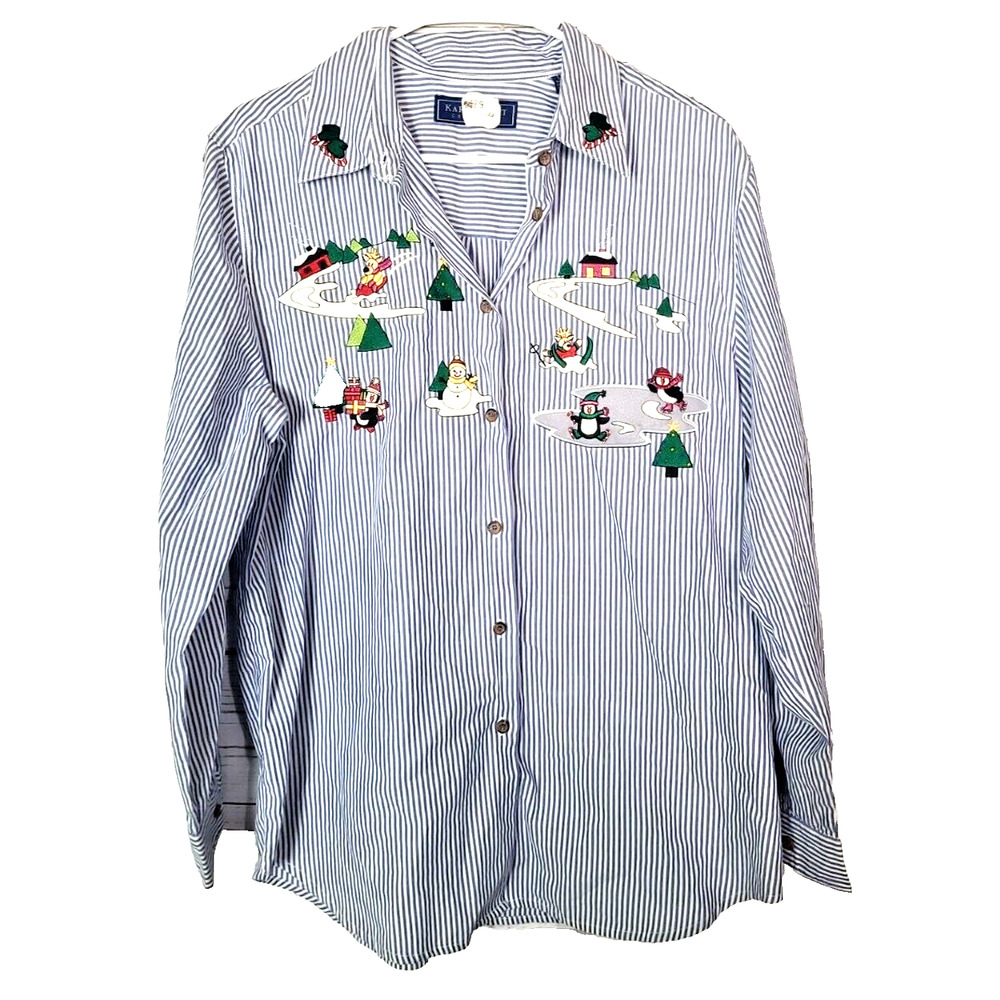 Karen Scott Navy Blue Striped Christmas Winter Snowman Button Down Lg